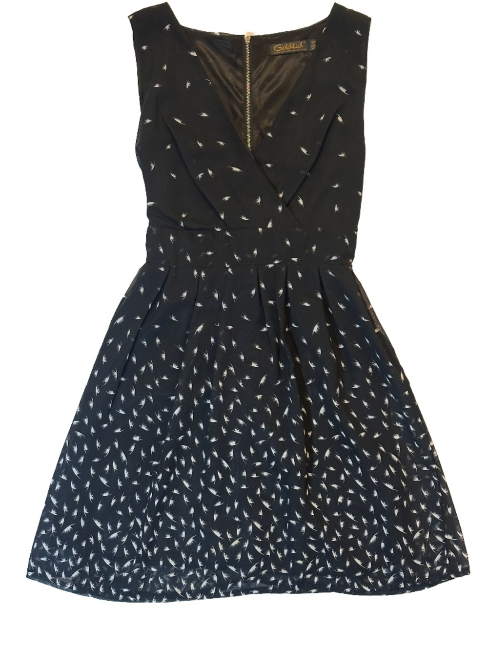 Goldkid London Black Chiffon Feather A-Line Dress Tie Waist Gold Zip XS/S